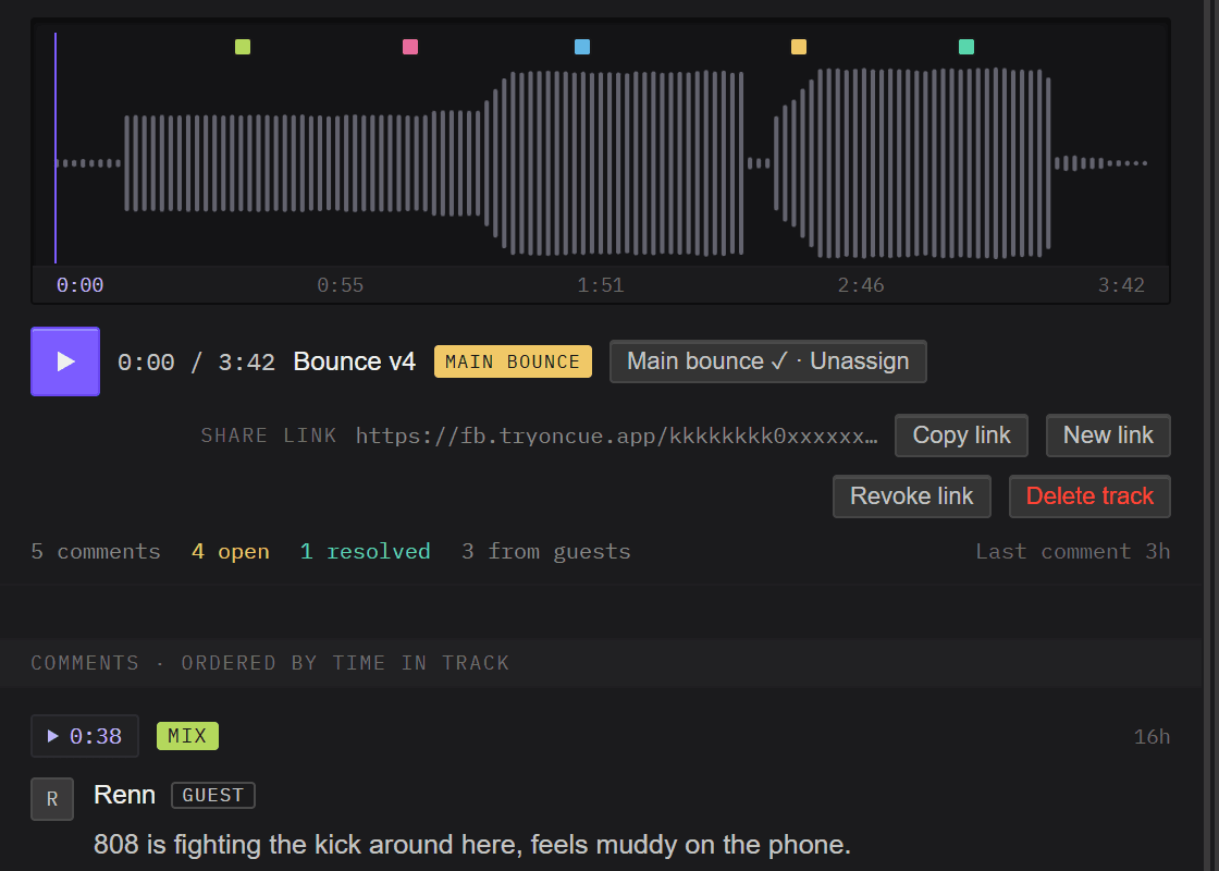 A bounce's waveform with comment pins, and timecoded comments from a guest.