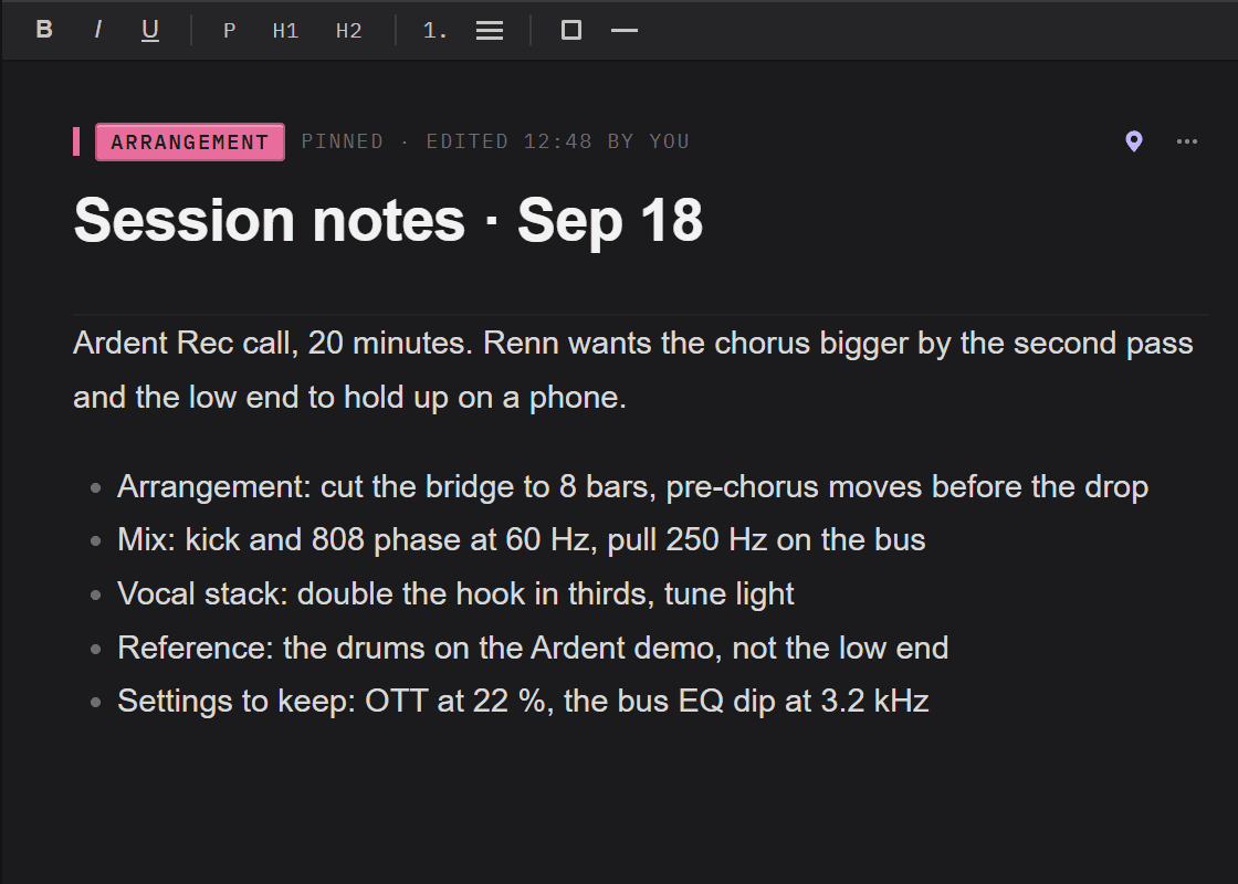 Session notes for a project: arrangement changes, mix notes and a reference.